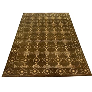 Tapis en laine et soie noué à la main avec motifs ornementaux marron et or, à poils ras coupés, pour salon et chambre élégants - Product Image 2