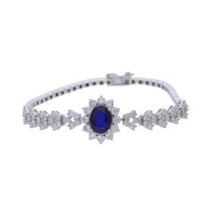 14K White Gold Elegant Diamond and Blue Sapphire Halo <b>Bangle</b> <b>Bracelet</b> - Product Image 1