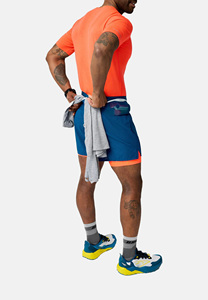 High Waist Solid Color Double <b>Layer</b> Running Shorts Men Quick Dry Sporty Style With Pockets Elastic Waist Teal Orange Trim - Product Image 5