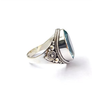 Classic Vintage Blue Quartz <b>Ring</b> 925 Sterling <b>Silver</b> Intricate <b>Solitaire</b> Wide Band Fine Antique Look Jewelry Gift - Product Image 3