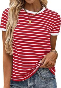 Camiseta de Manga Corta a Rayas Rojas y Blancas para Mujer, Cuello Redondo, Corte Ajustado, Informal, de Punto, de Algodón, para Primavera y Verano - Product Image 2