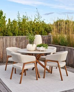 Modern <b>Round</b> Wooden <b>Dining</b> <b>Table</b> <b>Set</b> with <b>4</b> Upholstered Chairs Scandinavian Style Outdoor Furniture <b>for</b> Courtyard Use - Product Image 1