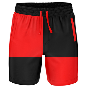 Pantalones cortos deportivos para hombre en rojo y negro, cintura elástica, secado rápido, tejido de poliéster, ajuste atlético, corte medio con bolsillos. - Product Image 3
