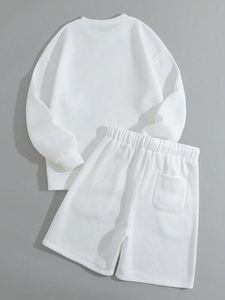 <b>White</b> Women Sweatsuit <b>Set</b> Long Sleeve Sweatshirt Elastic Waist Shorts Casual Lounge Outfit - Product Image 3