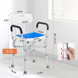 Sedia da Doccia Leggera con Capacità di 180 Kg, Barra Trasversale e Braccioli Imbottiti, Sgabello da Doccia per Uso in Bagno - Product Image 6