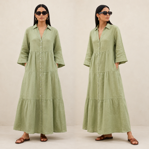 100% Cotton Handmade Simple Maxi <b>Dress</b> for Women Summer Casual Tiered Button Shirt Short Sleeve Collared Neck <b>Loose</b> Beach Long - Product Image 1