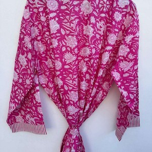 Bata Kimono Larga con Estampado Floral para Mujer, 100% Algodón, Ropa Casual para Estar en Casa, Cuello Redondo, Manga Larga, para Primavera - Product Image 3