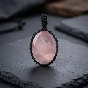 Pendentif en macramé en quartz rose naturel, collier en pierres précieuses fait main, bijoux en gros - Product Image 4