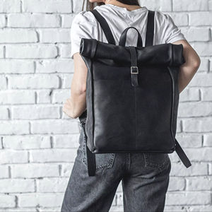 Mochila Urbana de Piel Auténtica Negra con Parte Superior Enrollable, Bolso Impermeable de Piel de Vacuno para Portátil, LTBP-0013 - Product Image 1