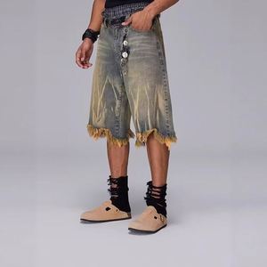 <b>Mens</b> Vintage Grunge Denim Jorts Medium Blue Yellow Mud Dyed Overdyed Baggy Oversized Fit Frayed Raw Hem Streetwear Apparel - Product Image 3