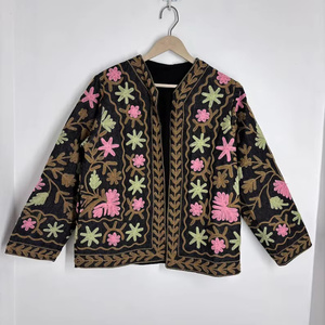 Handmade Indian Suzani Embroidery <b>Reversible</b> Bomber Velvet <b>Jacket</b> Women Floral Stripe Button Quilted Cotton Filling - Product Image 2