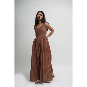 Elegant Brown A-Line Maxi <b>Dress</b> V-neck Spaghetti Straps <b>Ruffles</b> 100% Cotton Natural Waist Belt Summer Evening Gown Women - Product Image 2