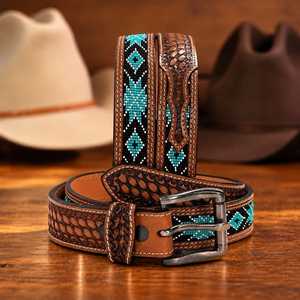 <b>Western</b> Embroidered Leather <b>Belt</b> With Turquoise Beaded Geometric Pattern Silver Pin Buckle Casual Durable Ethnic Style - Product Image 2