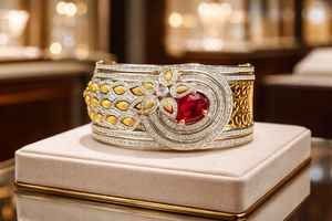 กำไลข้อมือเงินประดับเพชร CZ สีแดงทับทิมทรงรัศมี ดีไซน์หรูหรา ประดับด้วยพลอยทรงคุชชั่น  เครื่องประดับข้อมือเจ้าสาวแบบดั้งเดิม - Product Image 3