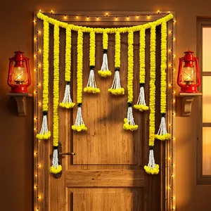 Traditional Yellow Marigold Flower Toran with Pearl Tassel Hangings for Wedding Festival <b>Home</b> Entrance Wall Decoration - Product Image 5