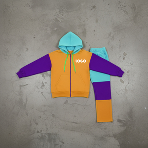 Conjunto de 2 piezas de sudadera con capucha oversize y pantalones jogger a bloques de color para mujer al por mayor, con cintura con cordón, chándal de streetwear personalizado - Product Image 1
