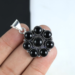 Colgante de Flor de Ónix Negro Natural, Chapado en Plata de Ley 925, Joyería de Racimo de Piedras Múltiples, Collar de Moda al por Mayor - Product Image 6
