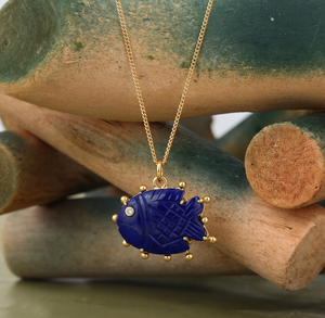 Lapis Lazuli Fish Pendant Handmade Carved <b>Blue</b> Gemstone <b>Necklace</b> Gold Plated September Birthstone Charm Crystal Accent 562405 - Product Image 2