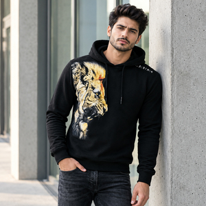 Sudadera con Capucha Negra de Invierno para Hombre, Manga Larga, Forro Polar, Secado Rápido, Estampado Gráfico de León, Estampado Serigrafiado, Informal - Product Image 1