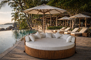 Contemporary Round Teak Sun <b>Lounger</b> with White Memory Foam <b>Cushions</b> Outdoor Patio Seating Solid Back Design - Product Image 5