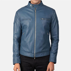 Chaqueta de Motociclista de Cuero Genuino Azul para Hombre, Cuello Alto, Cierre de Cremallera, Corte Ajustado, para Otoño - Product Image 3