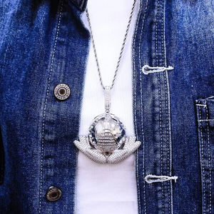 hip hop jewellery moissanite iced out <b>globe</b> pyramid pendant with hands luxury <b>world</b> symbol bling silver tone design - Product Image 5