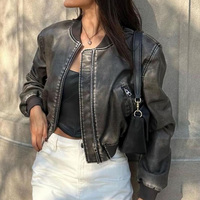 Vêtements de sport TRAMA - Veste bomber en simili cuir noir pour femmes, taille plus, double boutonnage, col montant, coupe-vent, fermeture éclair, décontractée