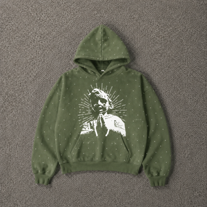 Olive <b>Men's</b> Hooded <b>Sweatshirt</b> With <b>White</b> Graphic Print Regular Fit Cotton French Terry Casual Autumn Wear Pullover Washed Cotton - Product Image 5