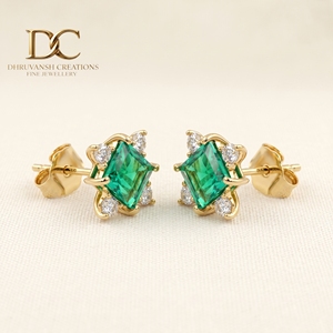 IGI Certified 14KT Solid Yellow Gold Lab Grown Diamond and Colombian <b>Emerald</b> <b>Stud</b> <b>Earring</b> Square Cut Designer Jewelry for Women - Product Image 3
