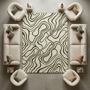 Tapis en laine fait main tufté à motifs abstraits vertes, motif contour moderne ivoire, sur mesure, pour décoration intérieure – Approvisionnement direct usine - Product Image 4