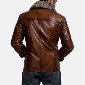 Blouson bomber en cuir véritable marron pour homme, doublé en sherpa, fermeture éclair, vêtement d'extérieur d'hiver, décontracté - Product Image 5