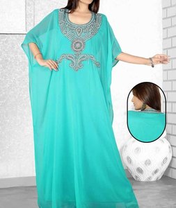 Abaya Turquesa Bordada de Talla Grande para Mujer, Largo hasta el Tobillo, Corte Regular, Vestido Modesto, Cuello Alto, Manga Larga, Color Sólido, Poliéster - Product Image 1