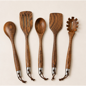 Juego de utensilios de cocina de madera, cucharas de madera naturales resistentes al calor para cocinar, espátula de cocina segura antiadherente y tenedor para pasta - Product Image 3
