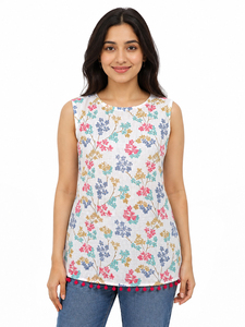 Leranath Fashion Floral Digital Print Cotton Recycled Materials Sleeveless Indian <b>Top</b> Women Casual Pullover Blouse Pom Pom Hem - Product Image 1