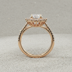 Anillo de compromiso estilo catedral vintage con halo de diamantes pavé y engaste de púas chapado en oro rosa para piedras certificadas - Product Image 4