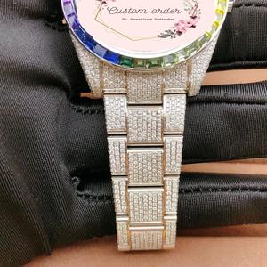 Montre personnalisée artisanale avec diamants moissanite baguette, couleur arc-en-ciel, automatique, mécanique, nouvelle montre analogique en acier inoxydable - Product Image 3