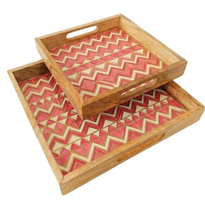 Handcrafted <b>Round</b> Mango Wood Serving <b>Tray</b> with Premium Blue Bone Inlay Zigzag Pattern Decorative Platter for <b>Table</b> and Home - Product Image 4