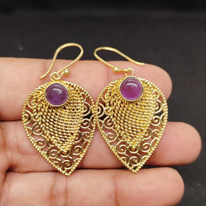 Export Brass Gemstone Drop <b>Earrings</b> Bulk Handcrafted Gold Plated Finish Amethyst Pattern Bezel - Product Image 1