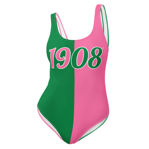 Traje de baño de una pieza de 2 tonos 1908, traje de baño rosa y verde con estampado de números para mujer, ropa de playa elegante, traje de moda - Product Image 1