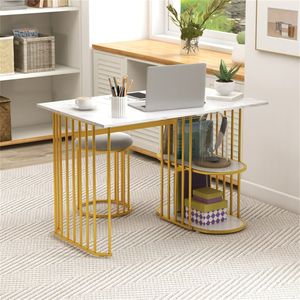 Set da Pranzo in Stile Europeo Bianco e Oro con Piano in Finto Marmo e Sgabelli Imbottiti, 2 Ripiani Aperti in Legno - Product Image 4