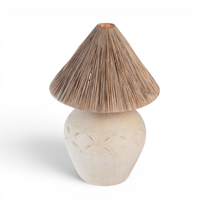 Lámpara de Mesa Rústica de Cerámica con Pantalla de Rafia Plegada, Base Curva Ondulada, Estilo Wabi Sabi, Lámpara de Noche Minimalista con Base para Bombilla E27, Estilo Bali - Product Image 1