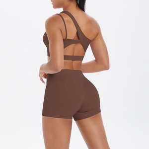 One shoulder yoga set High waist shorts yoga Seamless crop top set Solid color activewear 2 piece yoga outfit - Product Image 2