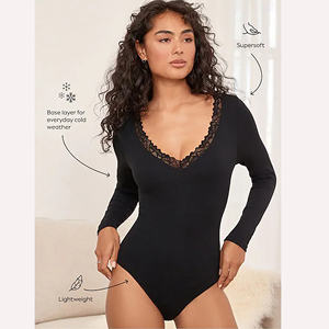 Maillot de bain une pièce pour femme, col en V profond, manches longues, couleur unie, bordure en dentelle, tricoté extensible, logo frontal, respirant - Product Image 6
