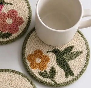 4pcs Hummingbird Punch <b>Needle</b> Coaster Set, Handcrafted Floral Yarn Drink Mats for Table Decor by Whimsy Art Craft - Product Image 4