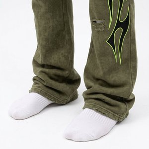 Ensemble de survêtement 2-en-1 pour homme, vert olive, à capuche, épais, imprimé flamme néon, streetwear, longueur intégrale, avec cordon de serrage et poches, coupe classique - Product Image 6