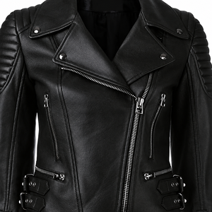 Chaqueta de Motociclista de Cuero Genuino Negro para Mujer, con Cuello Camisero y Cierre de Cremallera - Product Image 4