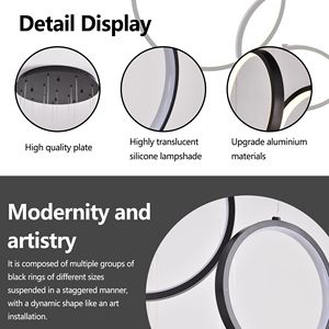 Lampadario LED Moderno a 14 Anelli con Telecomando, Rettangolare Nero per Soffitti Alti, Ingressi, Foyer, Scale e Grandi Ambienti - Product Image 4