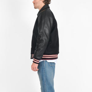 Chaqueta Varsity Negra de Poliéster y Algodón para Hombre, Estilo Bomber Clásico, con Rayas, Puños y Cremallera Frontal - Product Image 6