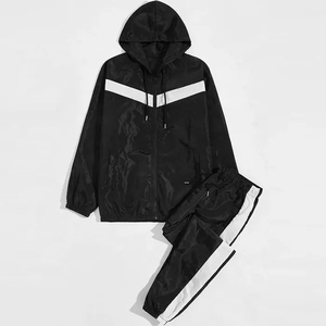 Ensemble de survêtement unisexe noir coupe-vent, respirant, imperméable, haute visibilité, certifié CE, avec bandes blanches, en nylon, pour le travail et la mode - Product Image 1