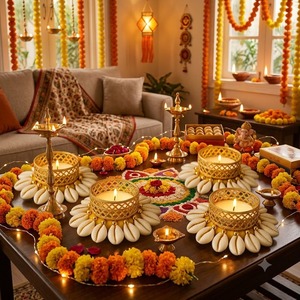Ensembles de bougeoirs à bougies chauffe-plat en coquillages de cauris faits à la main, écologiques et durables, avec treillis métallique doré de luxe, pour Diya, Diwali et mariages indiens - Product Image 4